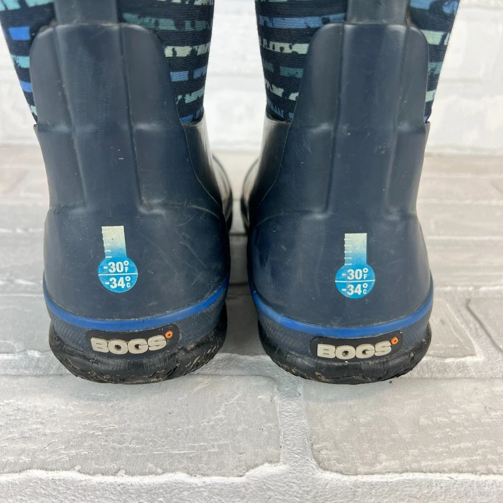Bogs Rain Boots Youth 2 Blue Classic Stripe Waterproof Insulated Mid Calf Winter